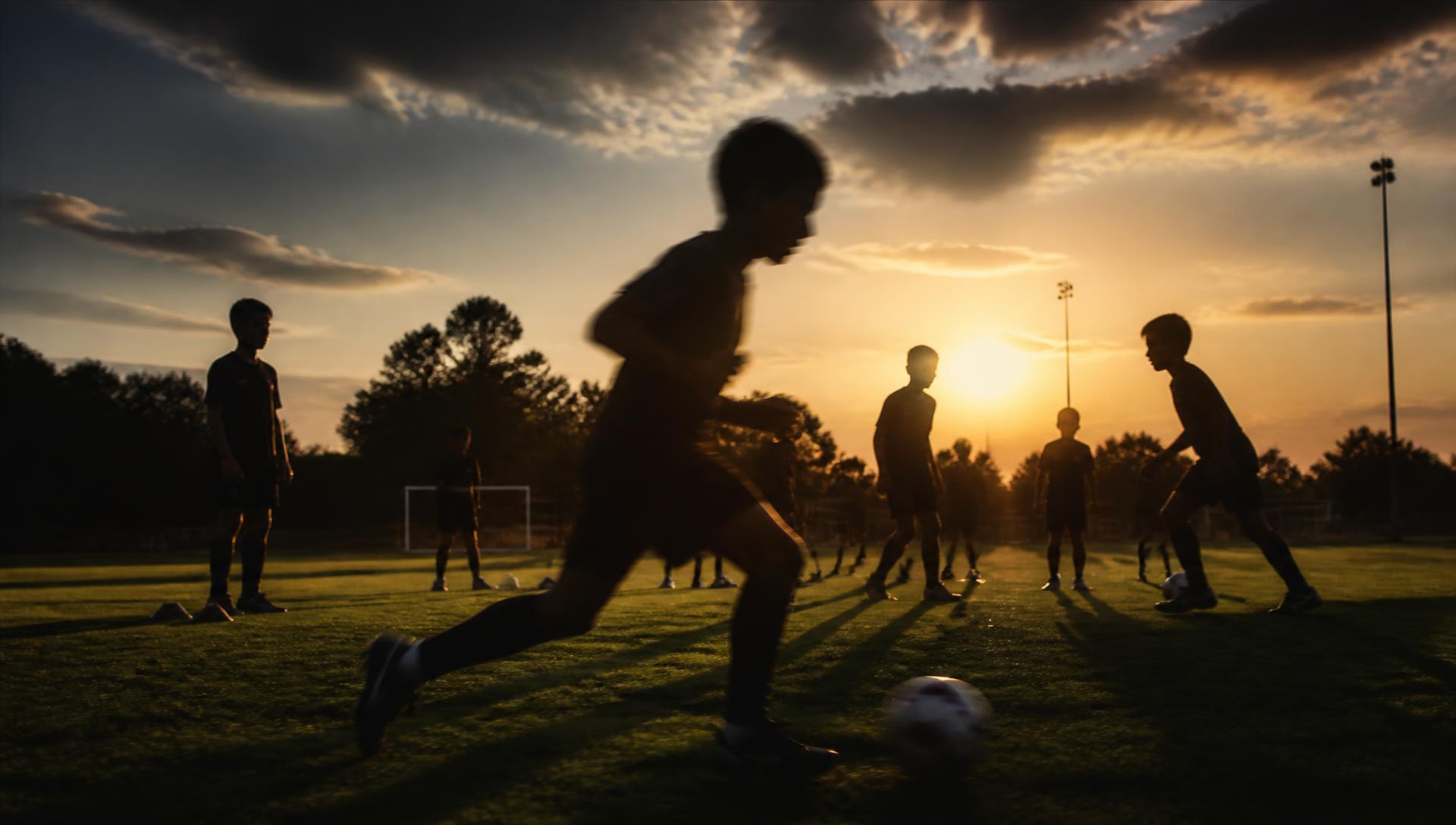 Jovens atletas em treino de futebol ao final da tarde